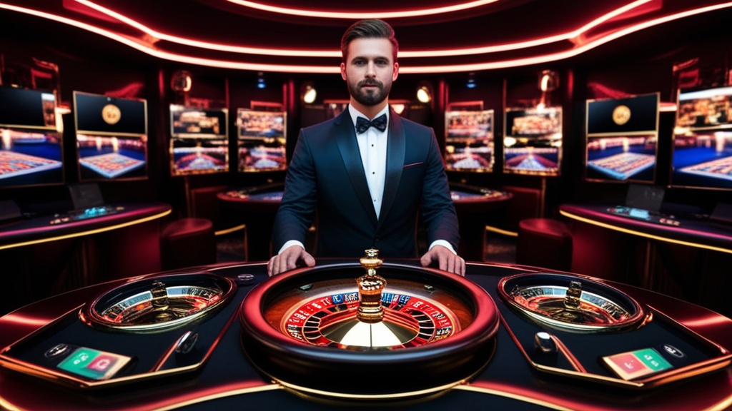 Dealer dal vivo in uno studio casino con luci neon e tavoli streaming