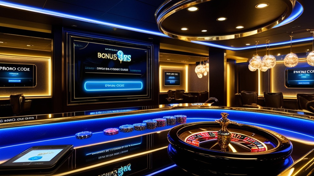 Lobby di casino con carte bonus luminose e campo per il codice promo