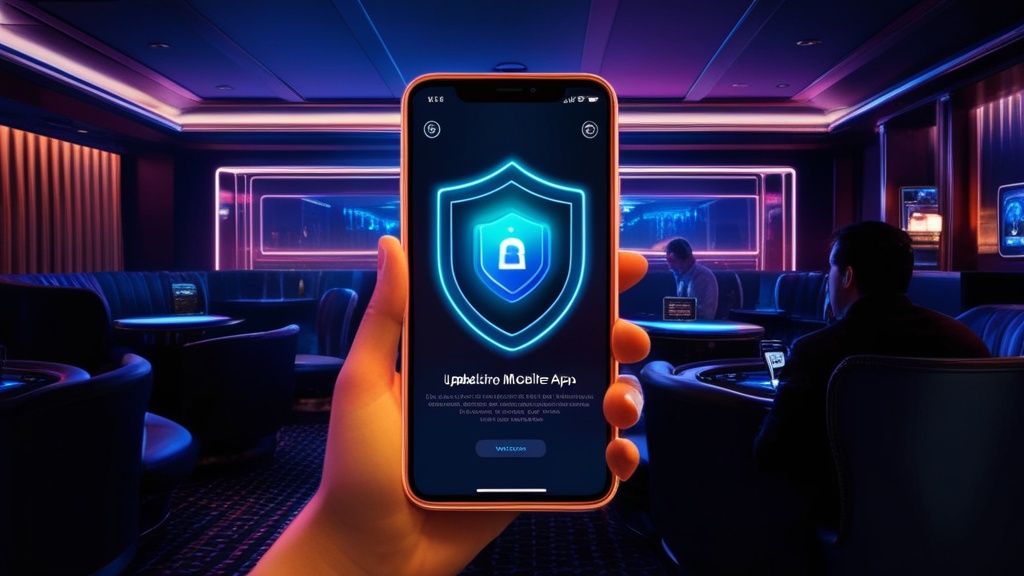 Smartphone con file APK e simbolo di aggiornamento in un ambiente casino